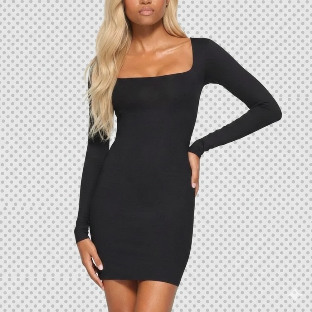 Rare New SKIMS Body Long Sleeve Dress Onyx Built In Bodysuit Black S Bodycon